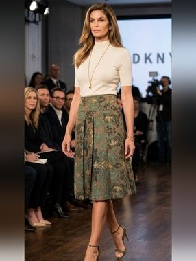 DKNY 100% Linen Pleated Knee Length Olive Green Paisley Skirt Sz 2 Bohemian